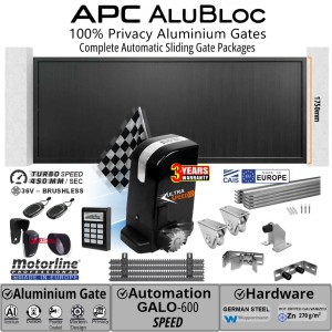 5m Aluminium Sliding Gate Combo with Vertical Slat Privacy Gate (1.75m H), Premium European Hardware and Ultra-Fast European-Made Motorline GALO600-SPEED 36V Brushless Sliding Gate Motor Kit.