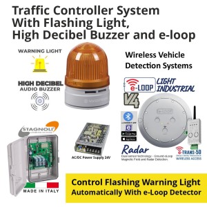 Traffic Controller System With Flashing Light, High Decibel Buzzer and e-Loop Complete Package for automatically controlling a flashing warning light with options for permanent mode, flashing mode, and sound/buzzer features. This controller includes a warning light that combines a high-luminosity LED flashing light with an integrated high-volume audio buzzer. It works in conjunction with the eLoop radar detector, providing a universal solution for warning notifications.