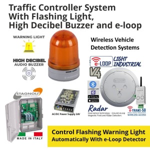 Traffic Controller System With Flashing Light, High Decibel Buzzer and e-Loop Complete Package for automatically controlling a flashing warning light with options for Rotate / flashing mode / Blink and sound/buzzer features. This controller includes a warning light that combines a high-luminosity LED flashing light with an integrated high-volume audio buzzer. It works in conjunction with the eLoop radar detector, providing a universal solution for warning notifications.
