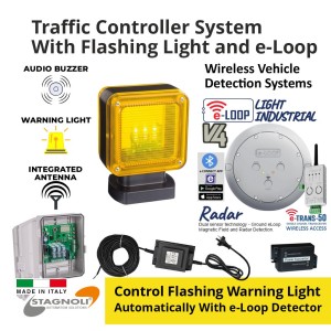 Complete Package for Automatically Controlling The Flashing Warning Light With eLoop Radar Detector. Warning Light Controller with Flashing Warning Light/Buzzer and Integrated Antenna, e-Loop Detector Combo | Universal LED warning flashing light, multi-mode, Universal LED flashing light with integrated audio buzzer warning sound | Made in Italy