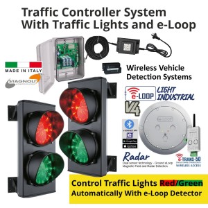 Complete Package for Automatically Controlling The Traffic Light Red/Green With eLoop Radar Detector. Traffic Light Control with Two Traffic Lights, e-Loop Detector Combo | Traffic Light Controller Board and 2 Red and Green LED Dual Traffic Lights | Made in Italy by Stagnoli | Specially designed for alternating one-way roads in apartment buildings (e.g. ramps), company and car park contexts, commercial, residential, and public events