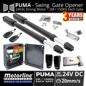 24Vdc Double Swing Gates Automation with Durable Aluminium Actuator Body, Stainless Steel Telescopic Arm  Gate Motor PUMA Made in Europe by Motorline and Mechanical Swing Gates Lock,  Nice PLA11 / Viro V06 12V Horizontal Automatic Electric Gate Lock, Remote Controls, PE Safety Sensor, 24V Smart Control Board for Driveway Swing Gates 2M/150KG max Per Gate Leaf | Double Swing Gates Opener Australia