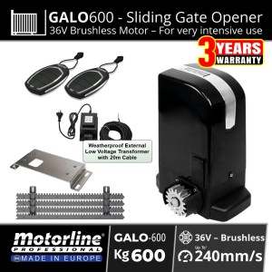 Heavy Duty Sliding Gate Opener Kit with Motorline GALO600 Brushless Sliding Gate Motor for Gates up to 600kg – European-Made by Motorline with Smooth Quiet Operation, Advanced Obstacle Detection, Magnetic Limits and Encoder-Controlled Sliding Gate Includes Weatherproof External 24V Transformer with 20m Low Voltage Cable