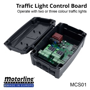 Electronic Traffic Light Controller | Featuring multiple modes of operation, customizable timing and detector-based logic, it provides traffic signal control solutions for a range of environments — from simple vehicle entry points to complex traffic management points requiring reliable signal sequencing. | Dual Traffic Light Control Board Motorline MCS01 Made in Europe – Advanced Traffic Signal Controller.